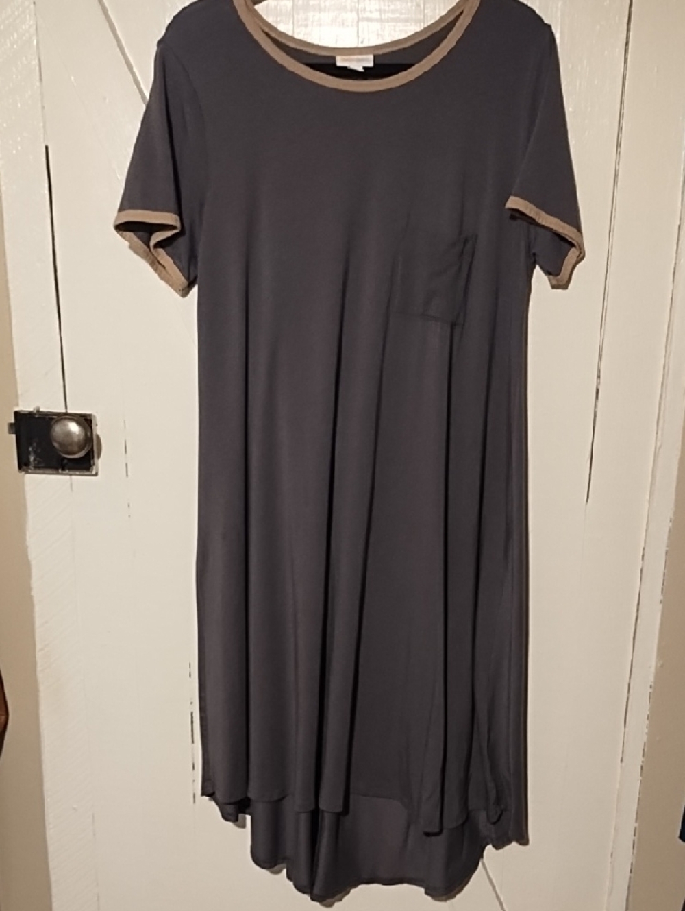 LuLaRoe Grey Midi Dress with Tan Trim EUC Large Longer Hem In Back.